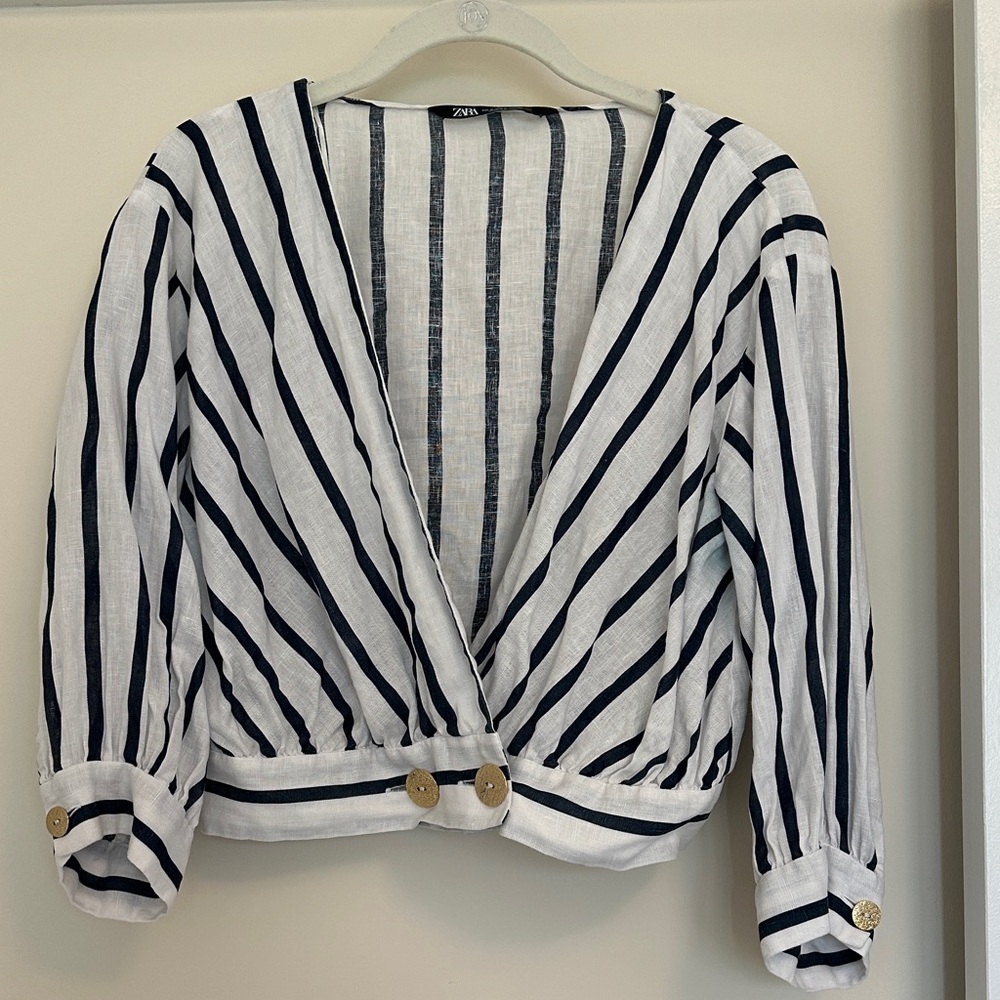 Zara Navy and White Striped V-Neck Top